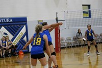Three volleyball players on the volleyball court