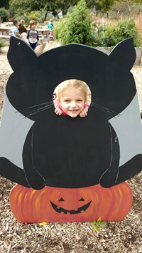 Child looking through head of a black cat display