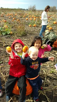 students sitting on a pumpkin