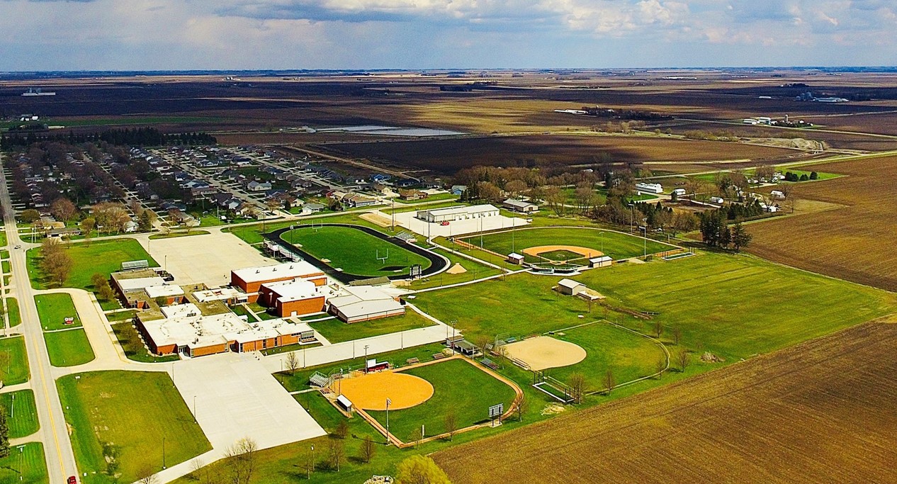 aerial shot of high school campus during the day