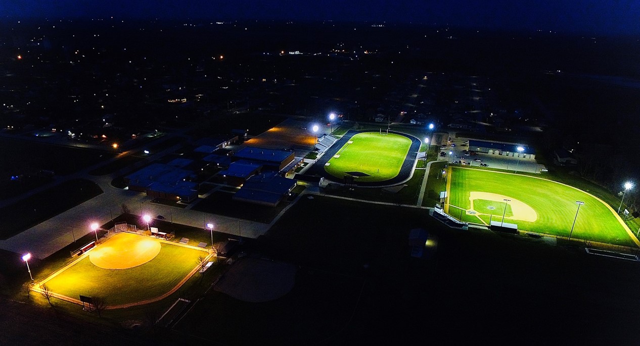 evening aerial photo of high school campus